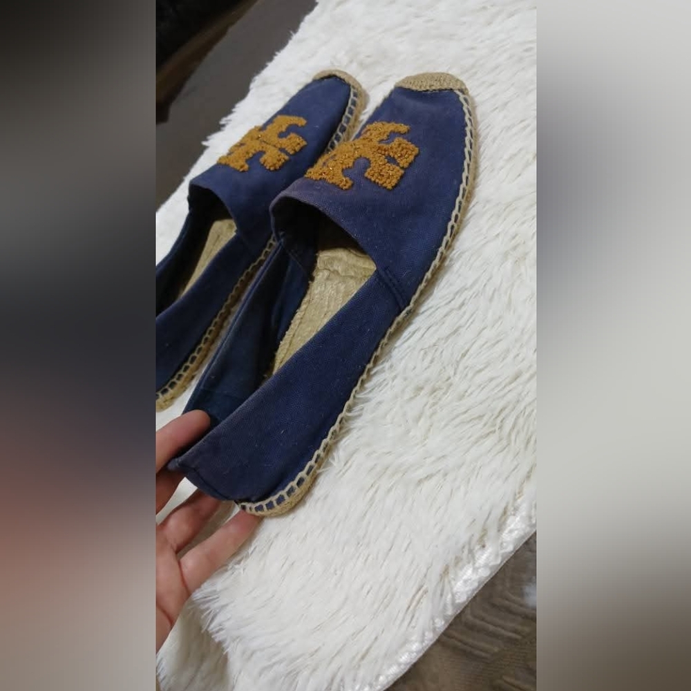 TORY BURCH Women's Elisa Blue Golden Fry Canvas Embroidered Espadrilles SZ 11M - Picture 7 of 9